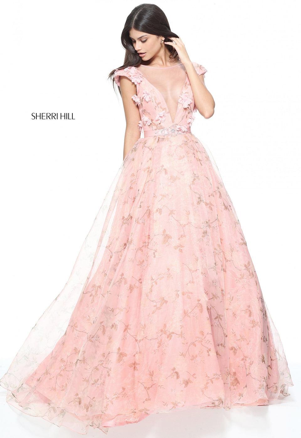 Sherri Hill Organza And Lace Print Ball Gown With A Low Back