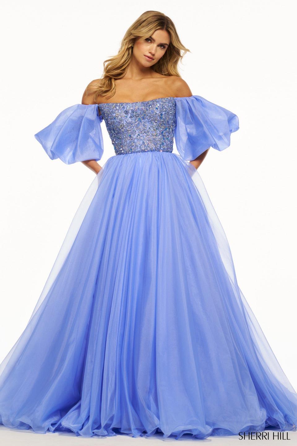 sherri hill Organza ball gown with beaded bodice and balloon sleeves