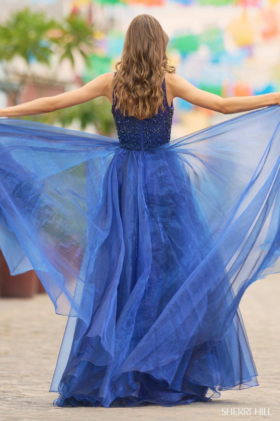 Sherri Hill Organza Ball Gown With Crystal Beaded Bodice And Deep V-Neckline