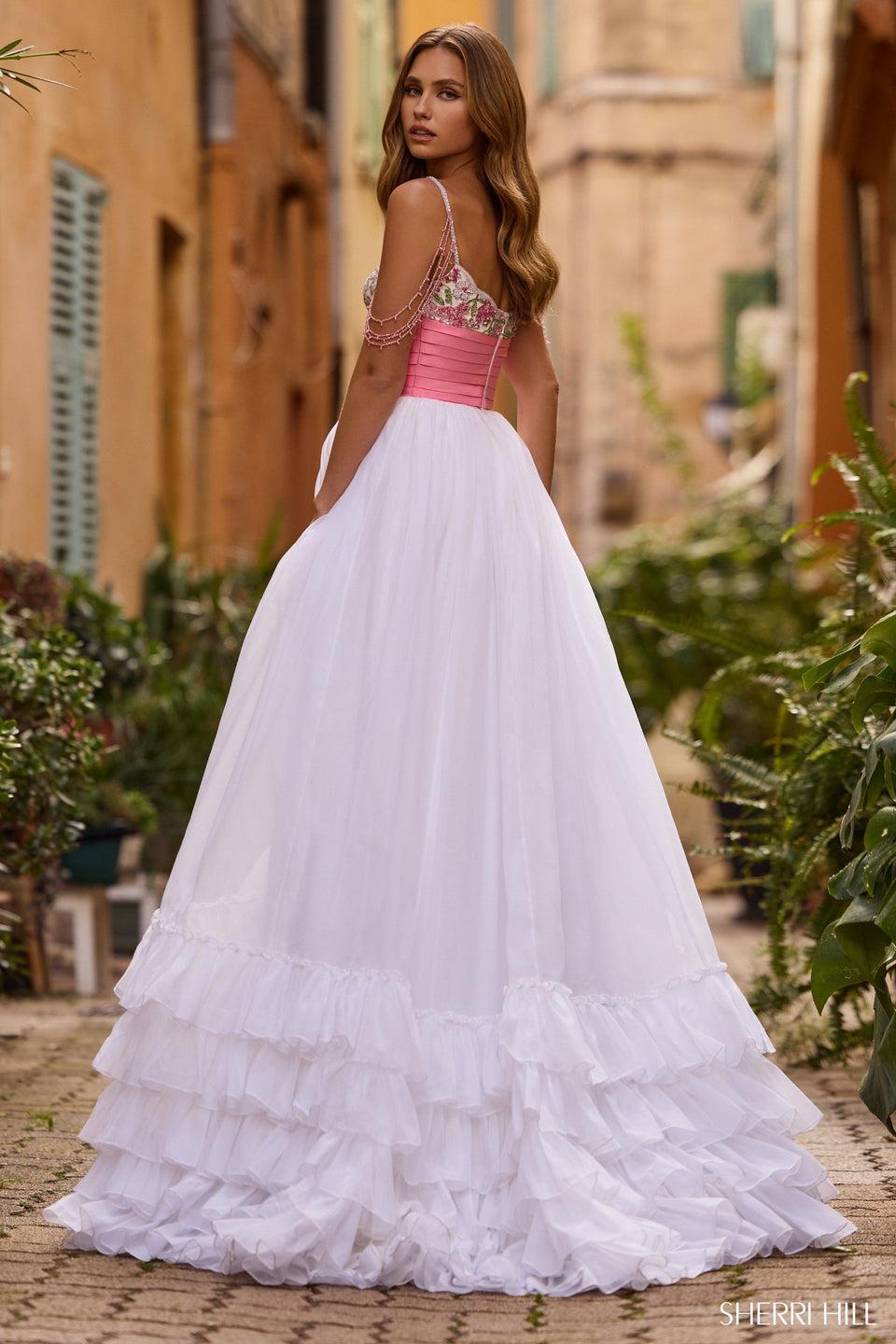 Sherri Hill Organza Ball Gown With Floral Beaded Bodice Taffeta Waistband And Ruffle Hem