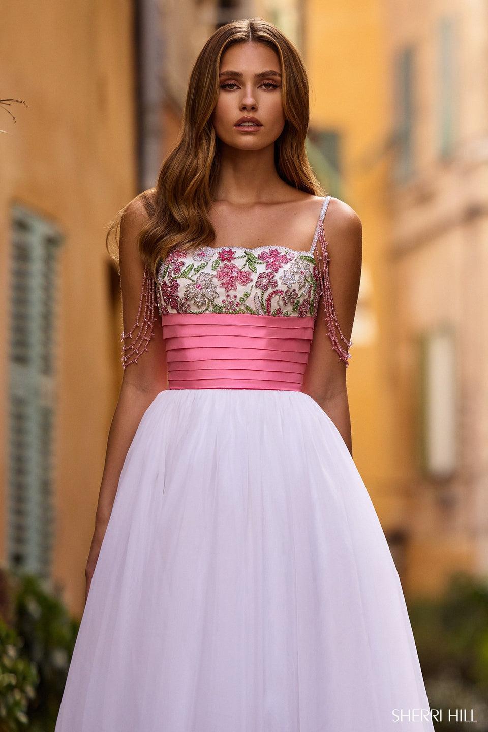 Sherri Hill Organza Ball Gown With Floral Beaded Bodice Taffeta Waistband And Ruffle Hem