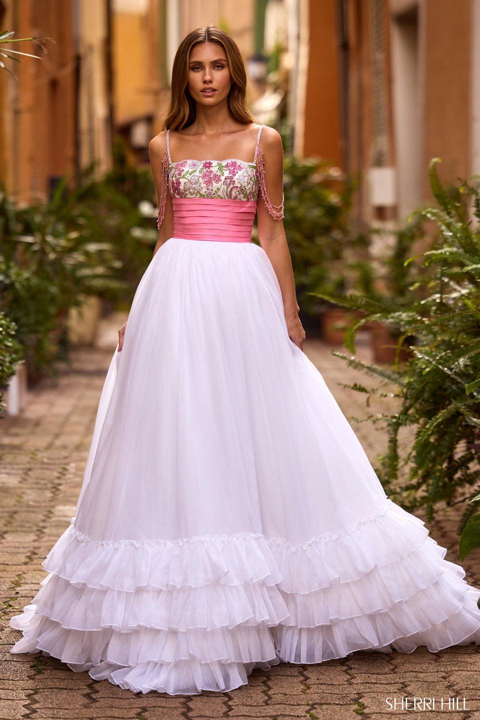 sherri hill Organza ball gown with floral beaded bodice taffeta waistband and ruffle hem