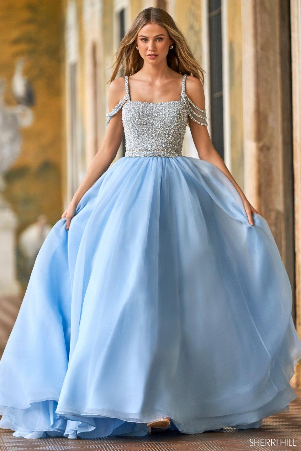 Sherri Hill Organza Ball Gown With Pearl Beaded Bodice And Draping Sleeves