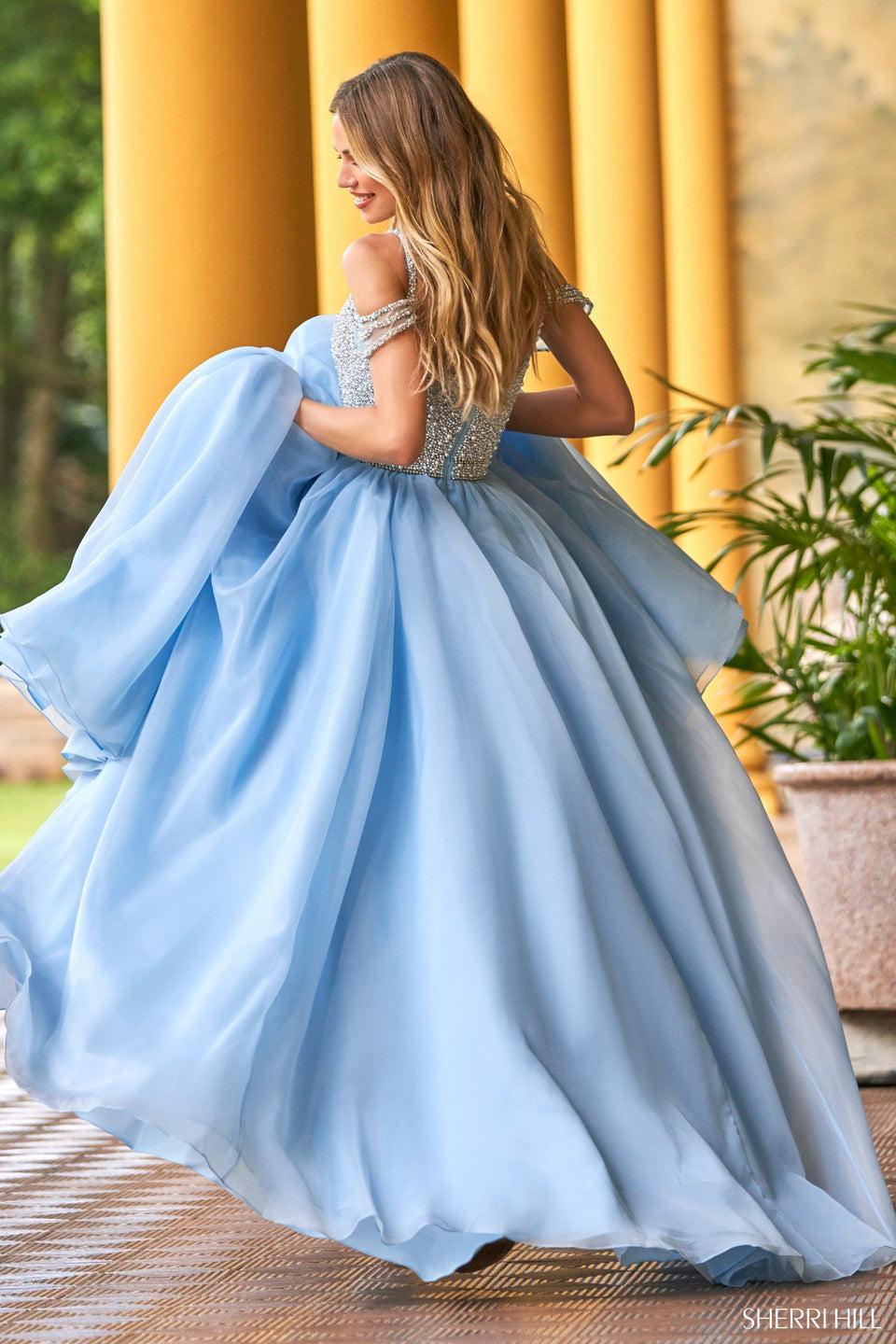 Sherri Hill Organza Ball Gown With Pearl Beaded Bodice And Draping Sleeves