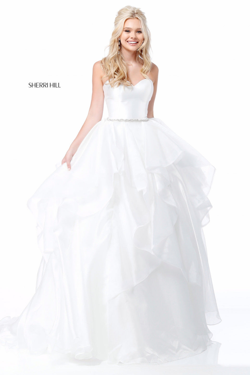 Sherri Hill Organza Ball Gown With Ruffled Skirt Bead Encrusted Belt And Satin Sweetheart Bodice