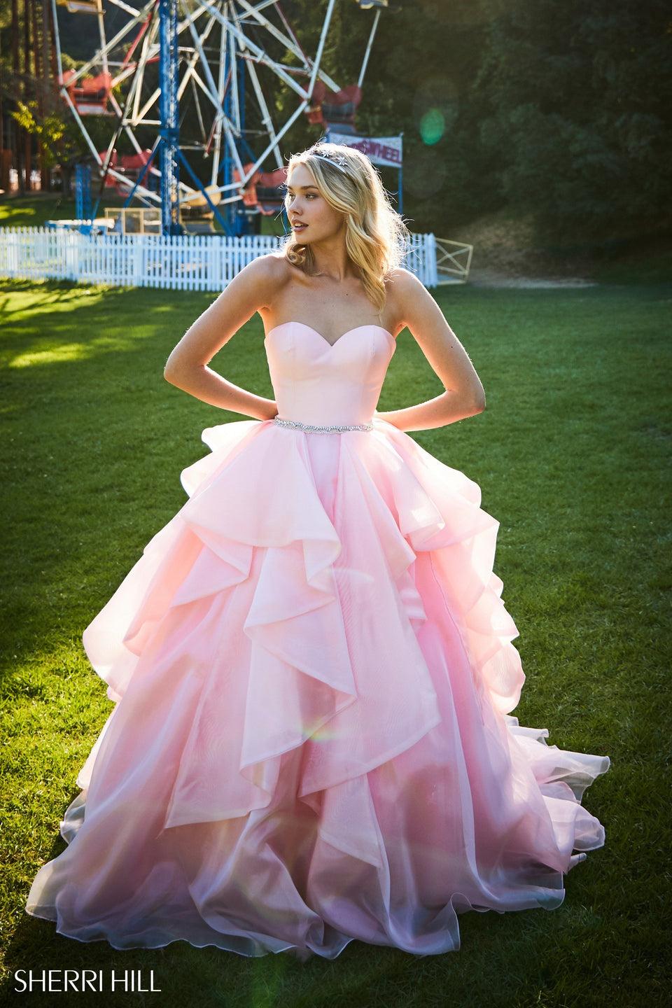 sherri hill Organza ball gown with ruffled skirt bead encrusted belt and satin sweetheart bodice