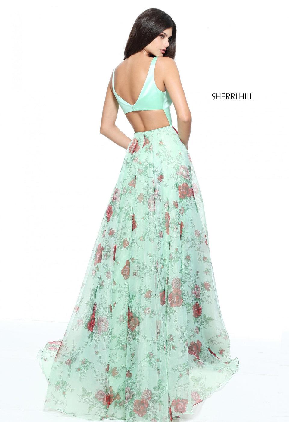 Sherri Hill Organza Floral Print A-line Gown With A Satin Bodice And Open Back