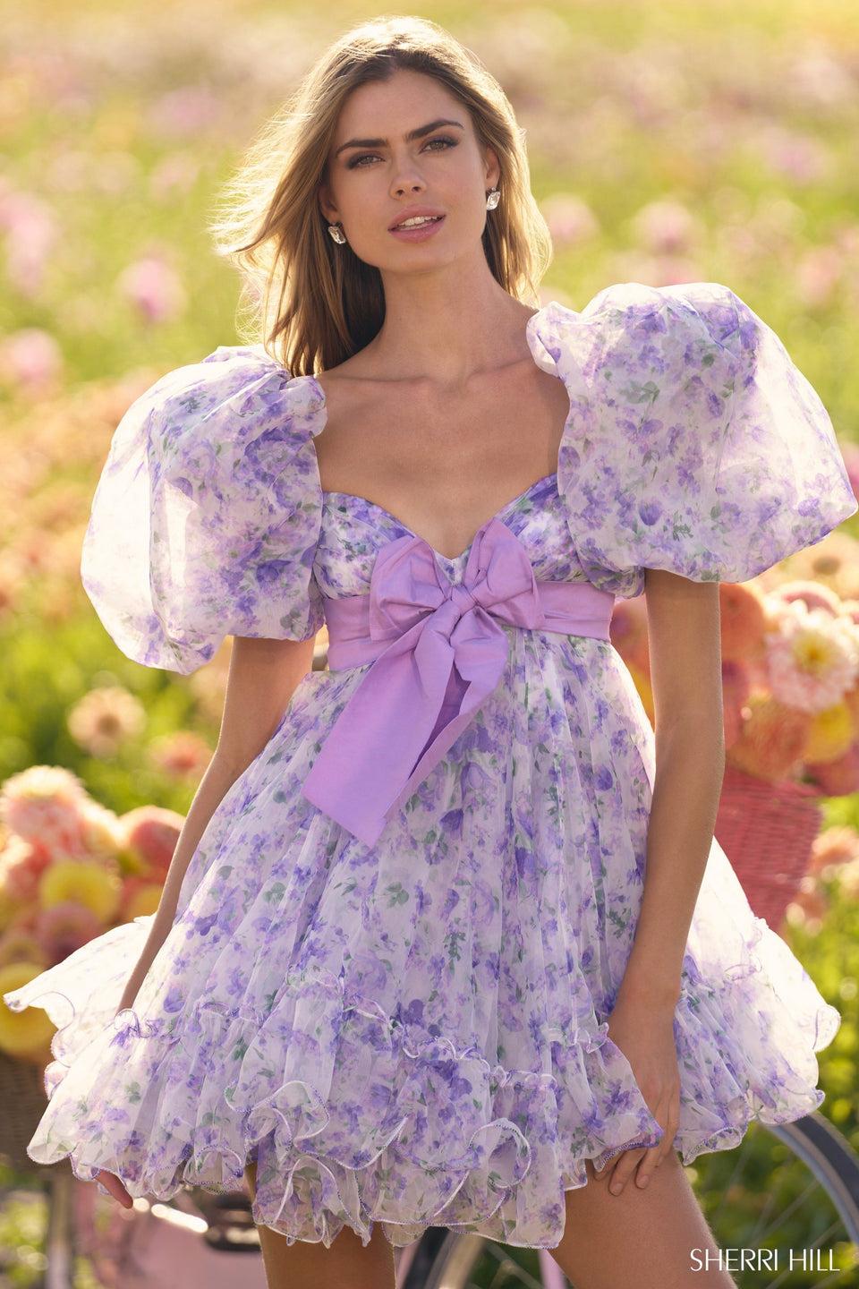 Sherri Hill Organza Floral Print Baby Doll Dress With Ruffle Embellishments Taffeta Bow And Ballon Sleeves