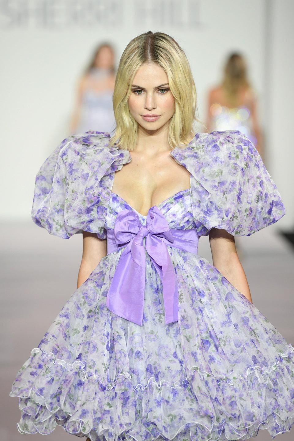 Sherri Hill Organza Floral Print Baby Doll Dress With Ruffle Embellishments Taffeta Bow And Ballon Sleeves