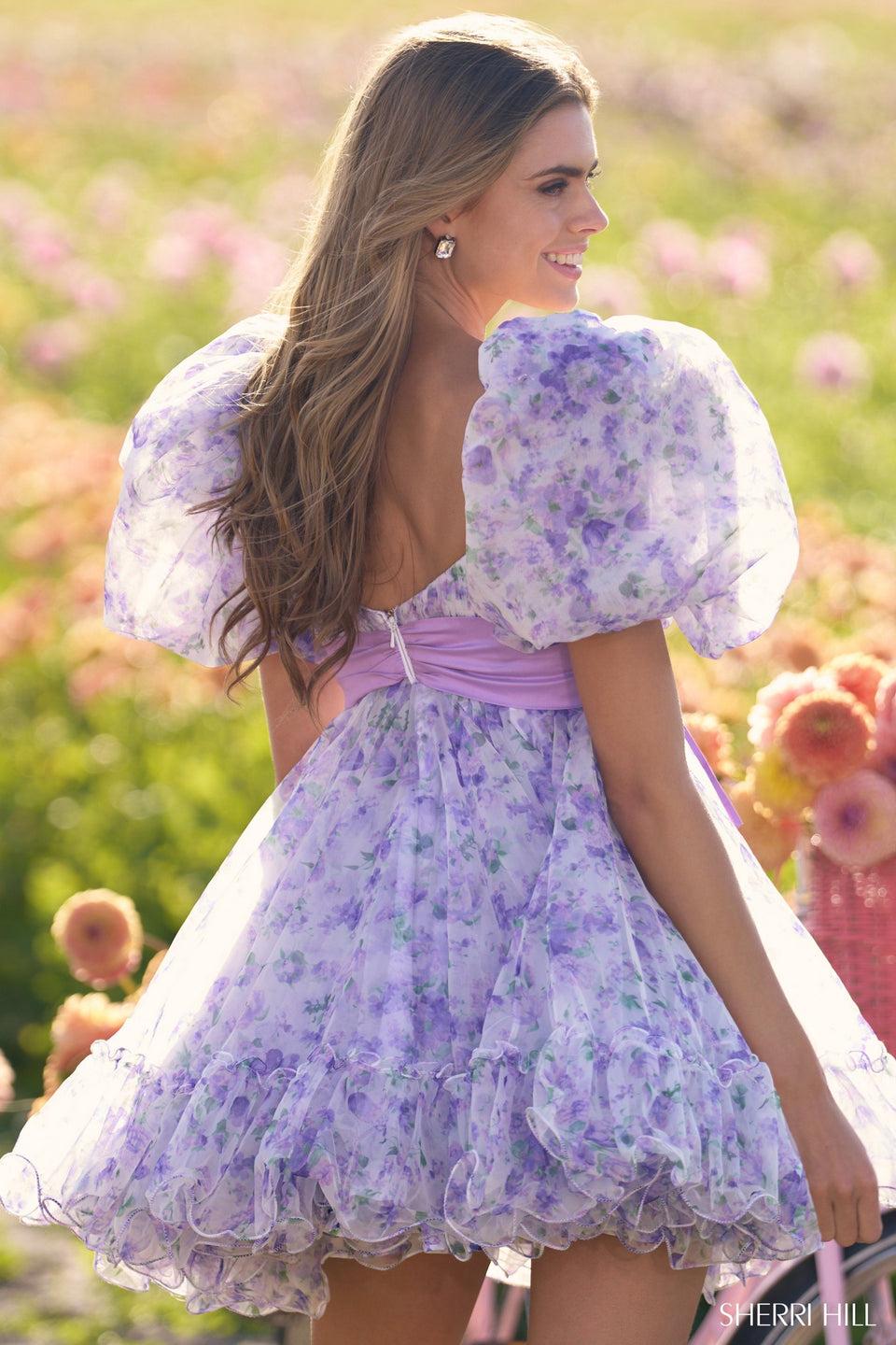 Sherri Hill Organza Floral Print Baby Doll Dress With Ruffle Embellishments Taffeta Bow And Ballon Sleeves