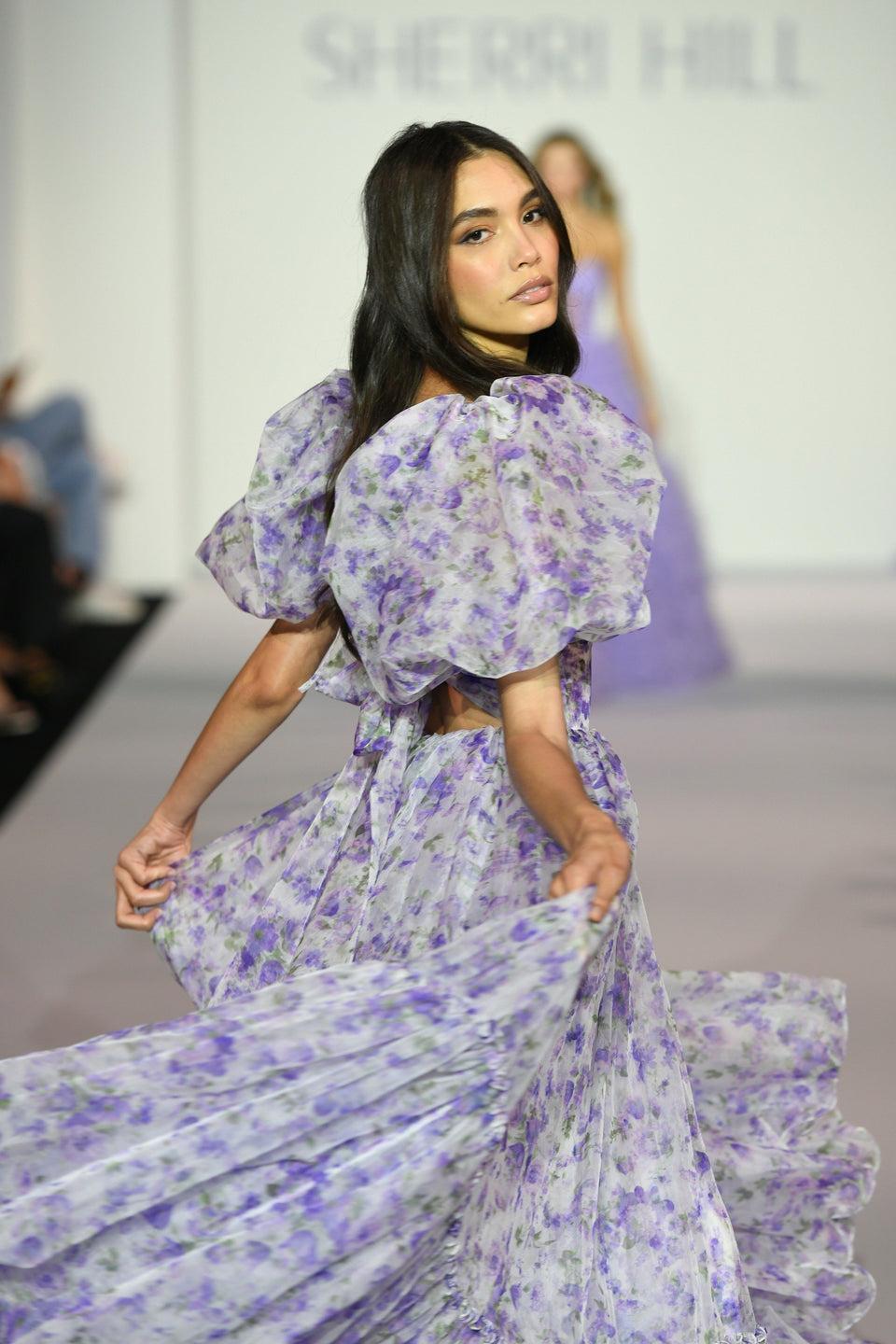 Sherri Hill Organza Floral Print Ball Gown With Balloon Sleeves And Sheer Corset Bodice