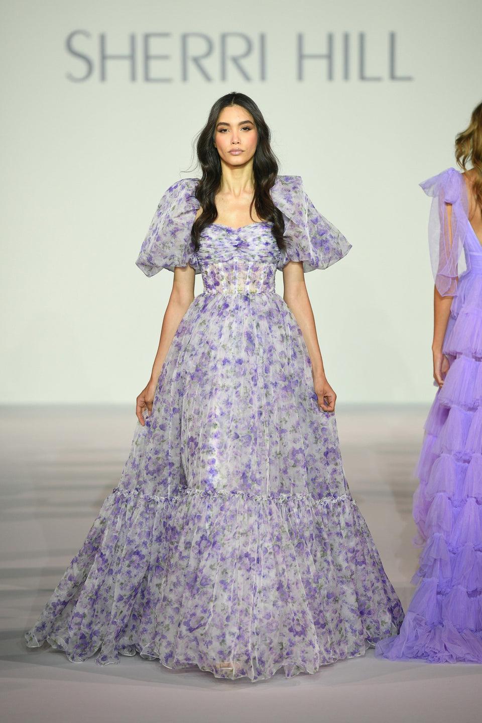 Sherri Hill Organza Floral Print Ball Gown With Balloon Sleeves And Sheer Corset Bodice