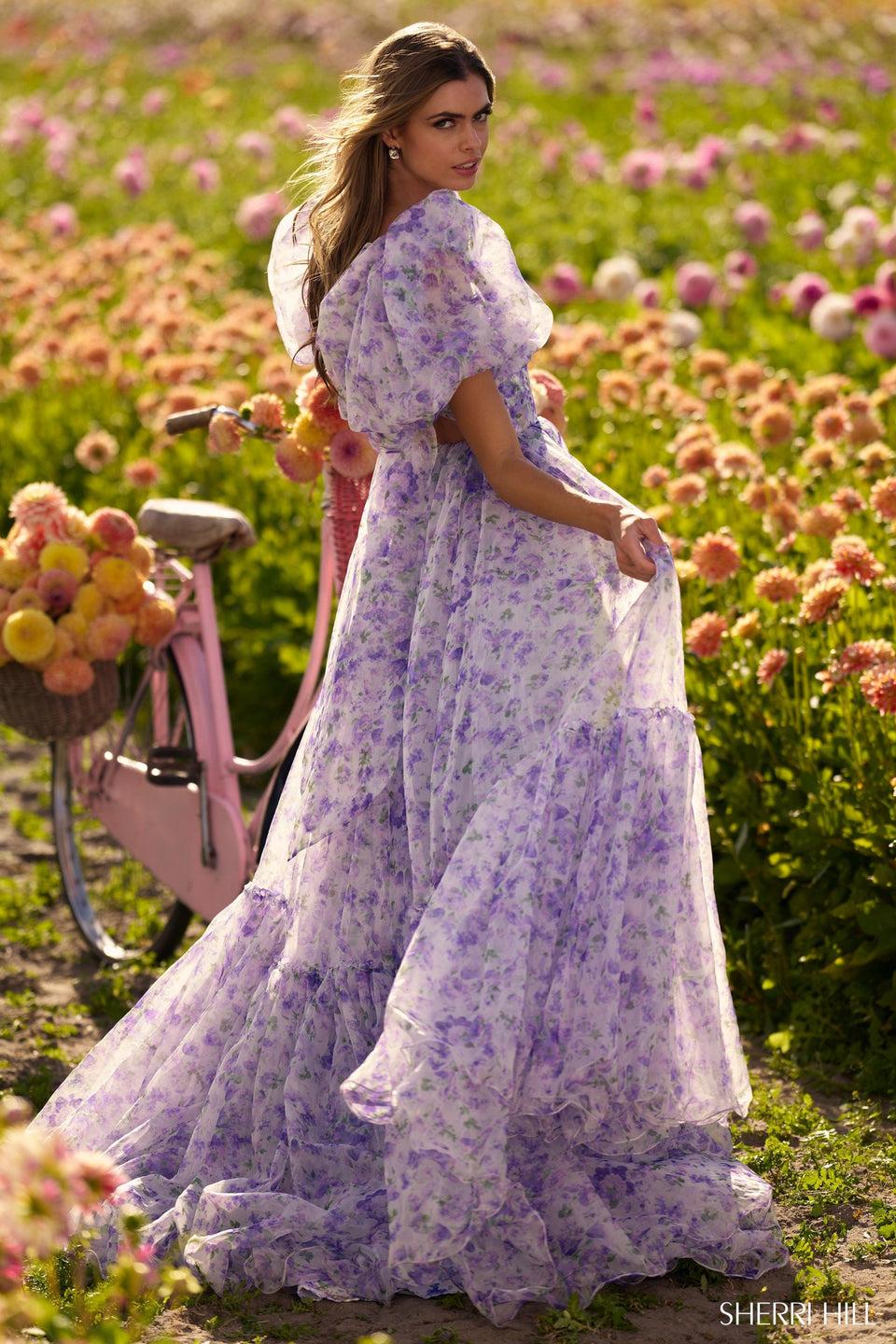 Sherri Hill Organza Floral Print Ball Gown With Balloon Sleeves And Sheer Corset Bodice