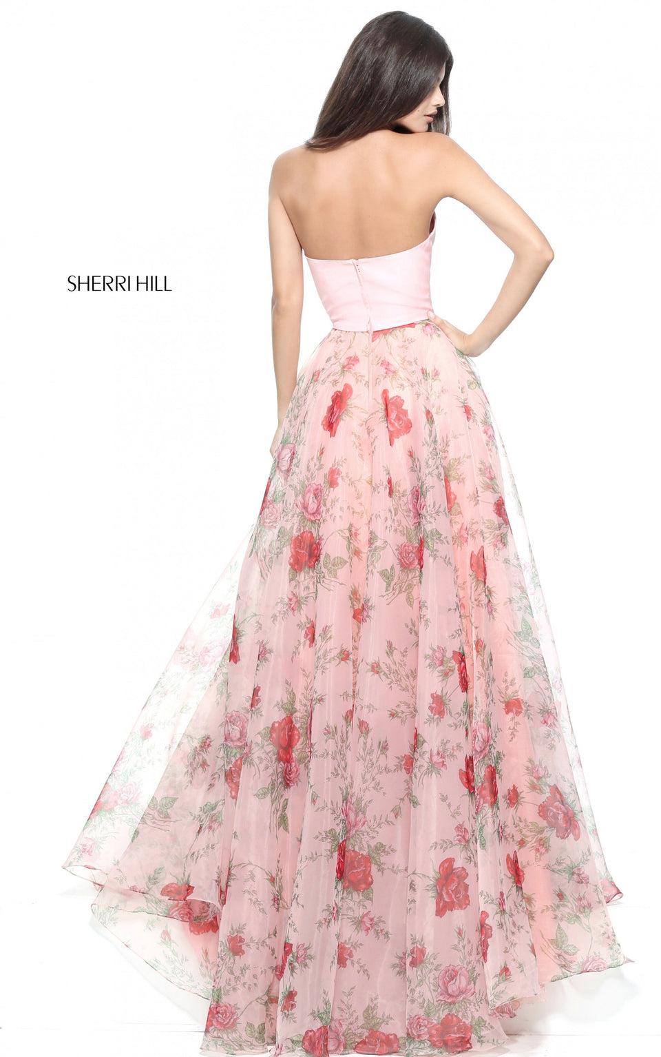 Sherri Hill Organza Print A-line Gown With A Solid High Neck Taffeta Bodice