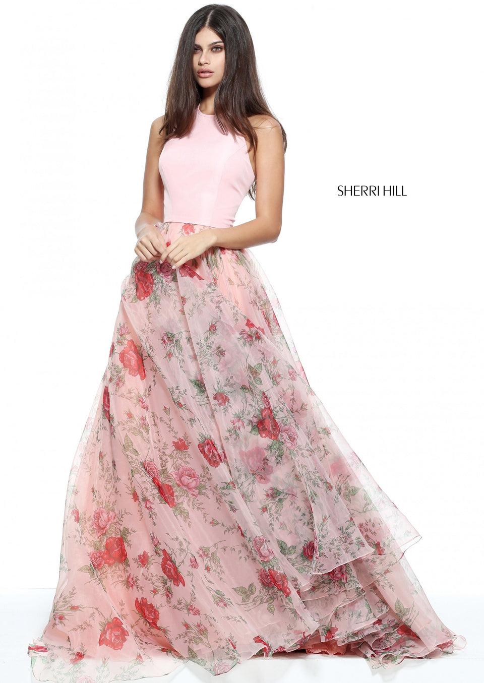 Sherri Hill Organza Print A-line Gown With A Solid High Neck Taffeta Bodice