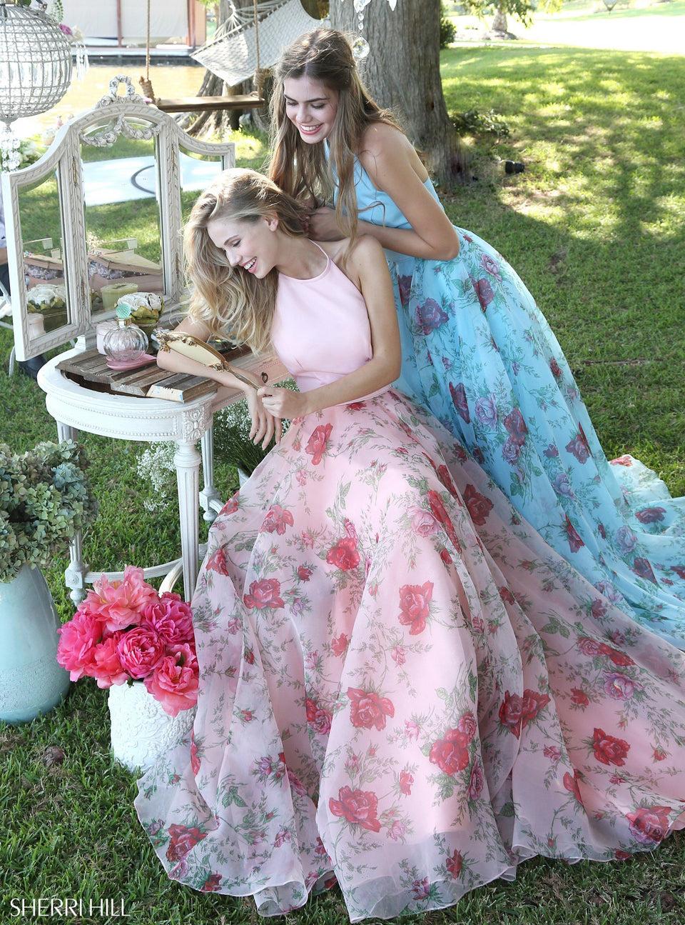 Sherri Hill Organza Print A-line Gown With A Solid High Neck Taffeta Bodice