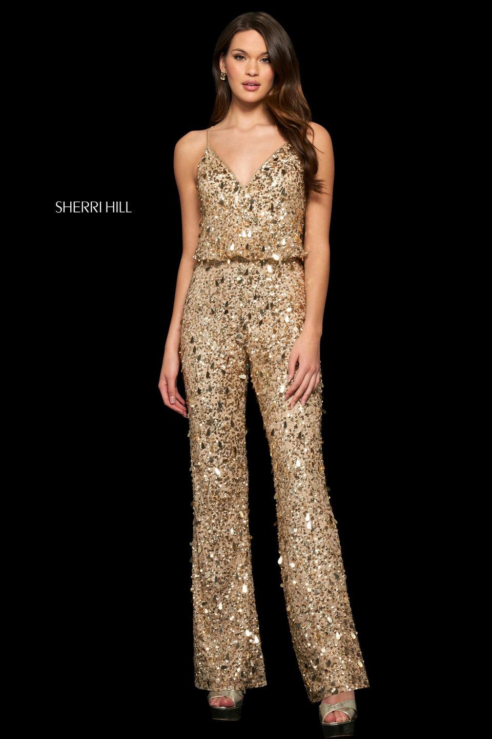 Sherri Hill Paillette And Sequin Jumpsuit With Blouson V Neck Bodice