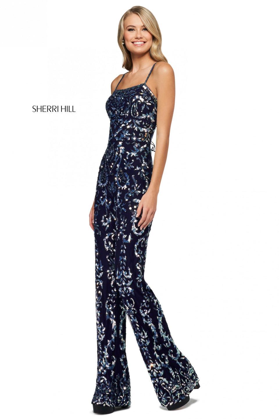 Sherri Hill Pattern Beaded And Sequin Jumpsuit With Straight Neckline And Corset Style Lace Up Back