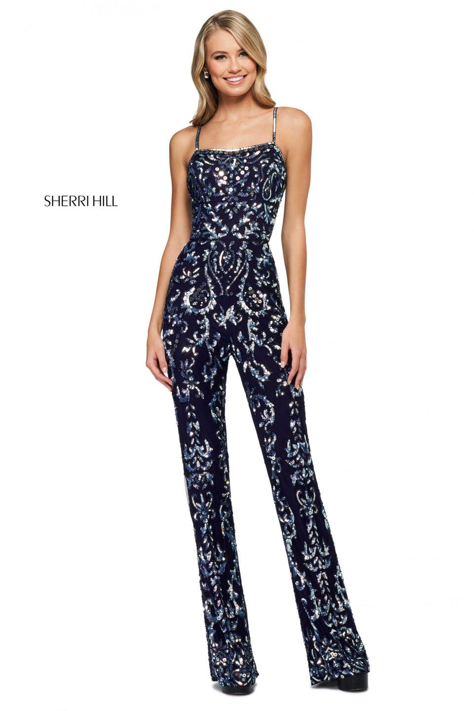 Sherri Hill Pattern Beaded And Sequin Jumpsuit With Straight Neckline And Corset Style Lace Up Back