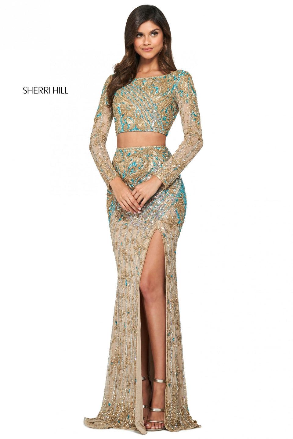 Sherri Hill Pattern Beaded Column Dress With Lace Up Back