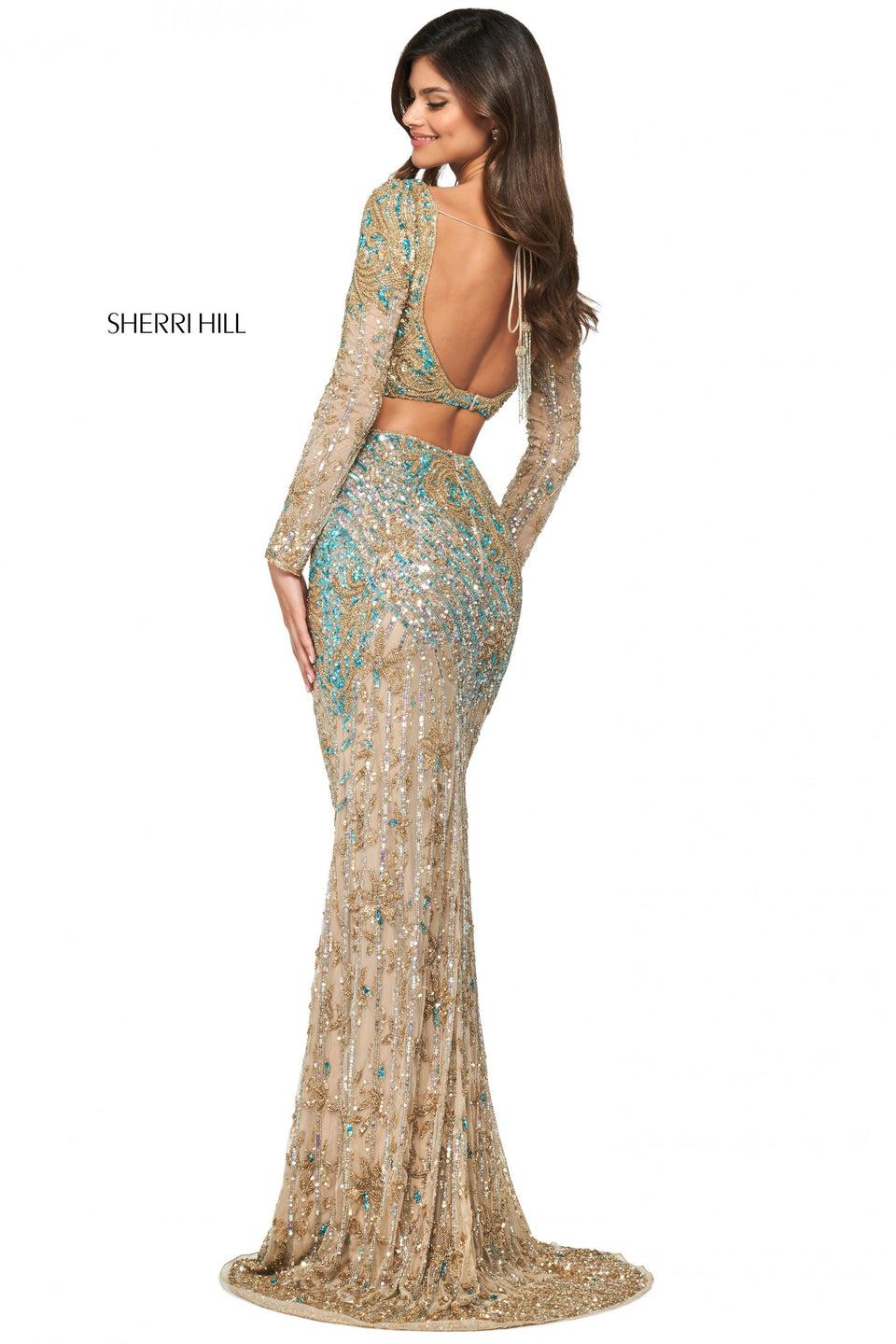 sherri hill Pattern beaded column dress with lace up back