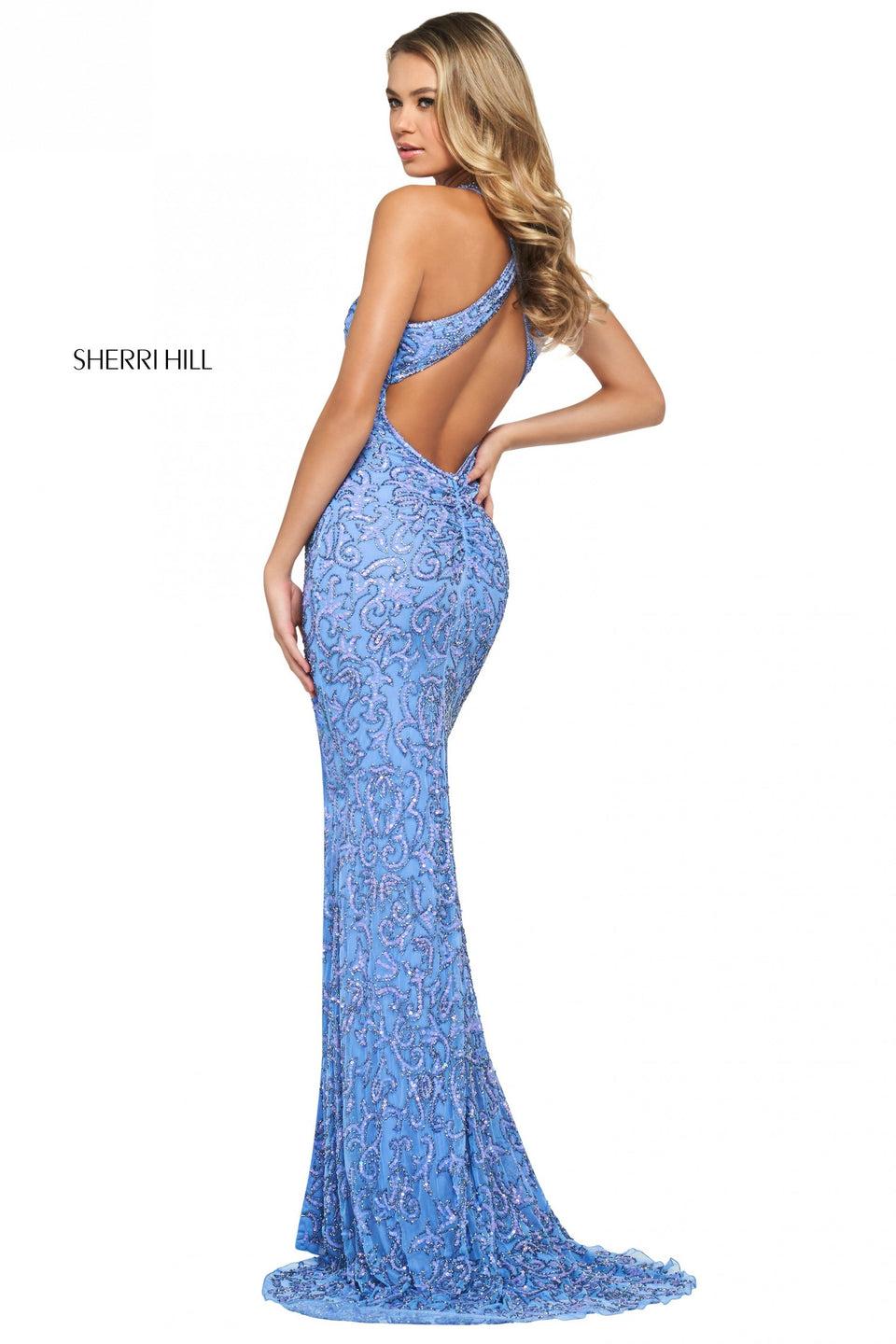 sherri hill Pattern beaded column dress with skirt slit high neckline and criss cross straps on an open back