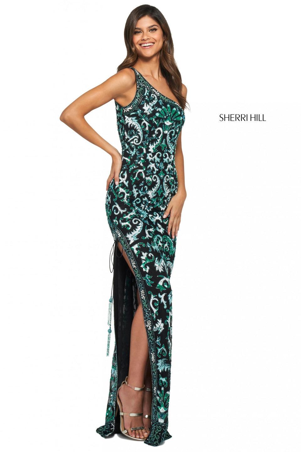 sherri hill Pattern beaded column dress with skirt slit with tassel tie and one shoulder neckline