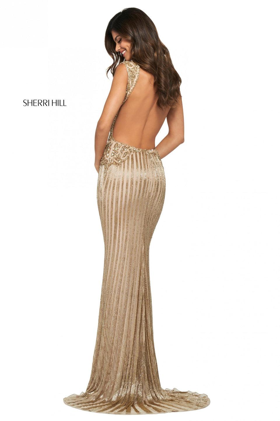 sherri hill Pattern beaded column dress with V neckline and open back