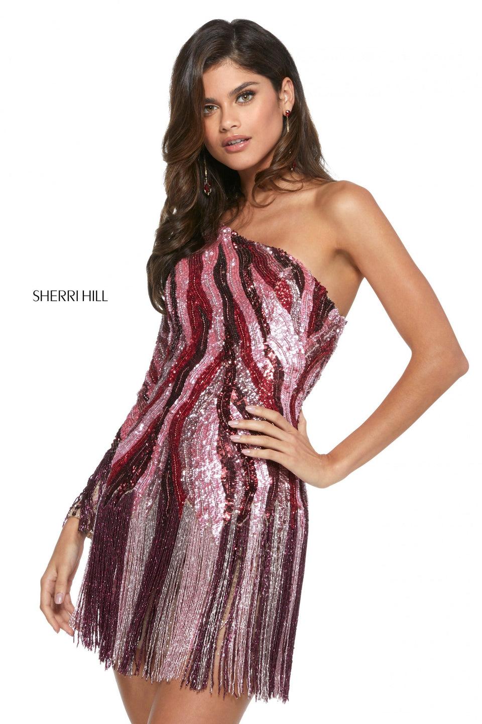 Sherri Hill Pattern Beaded One Shoulder Fitted Cocktail Dress With Beaded Fringe At The Hemline And Sleeve
