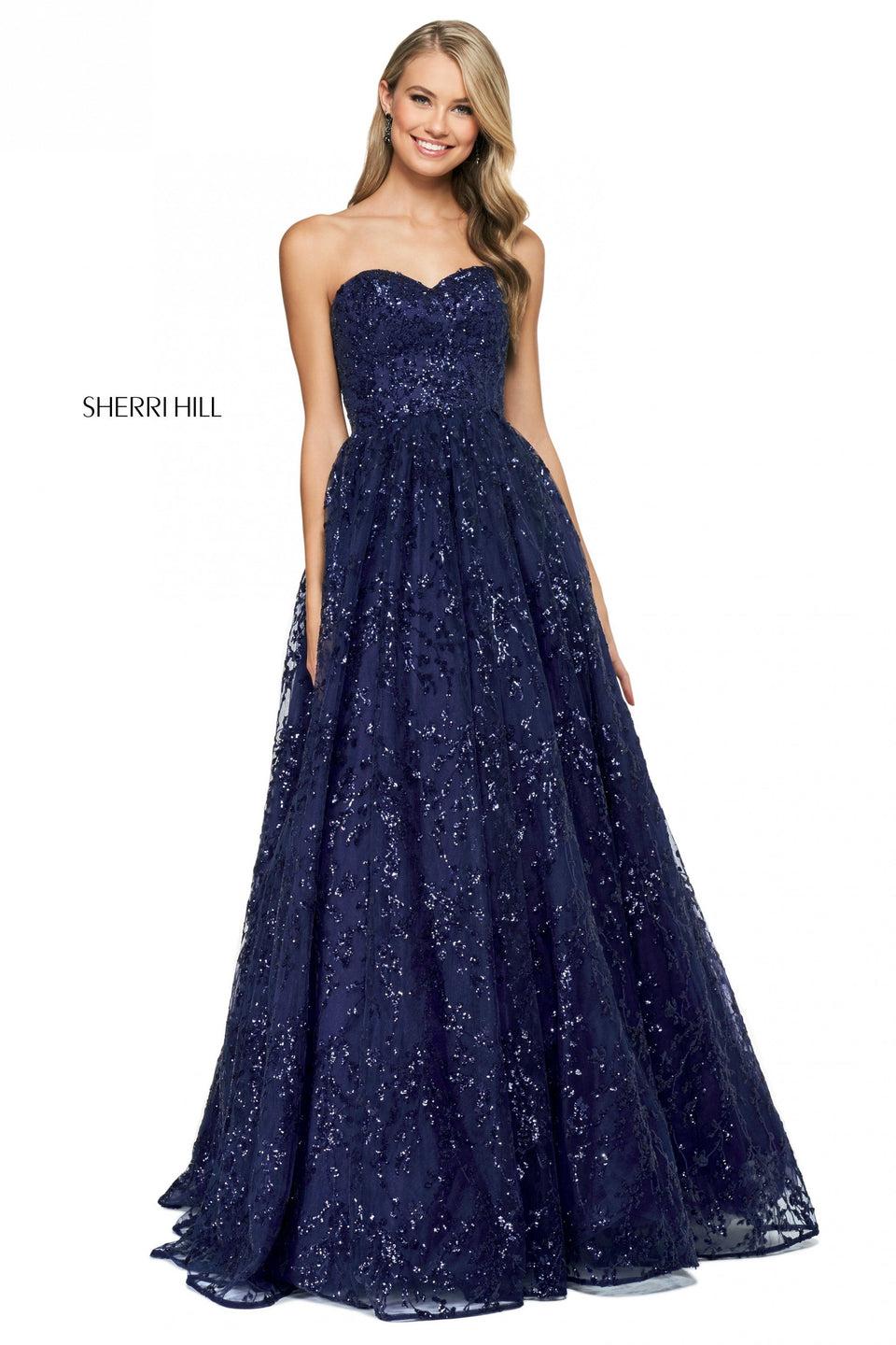 Sherri Hill Pattern Sequin A-line Gown With A Strapless Sweetheart Neckline And Corset Style Lace Up Back