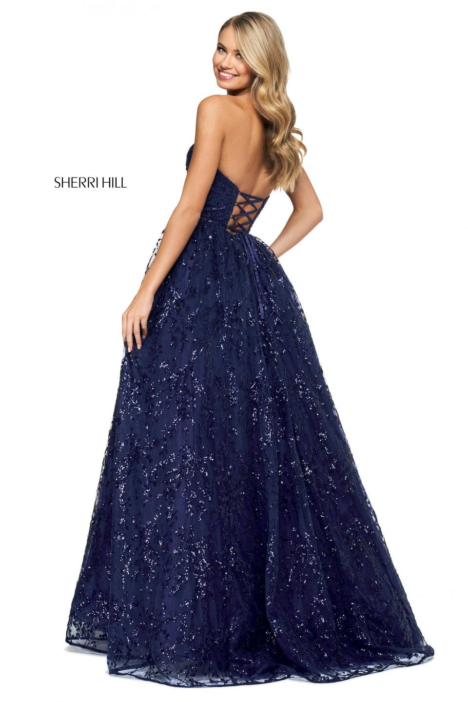 sherri hill Pattern sequin A-line gown with a strapless sweetheart neckline and corset style lace up back