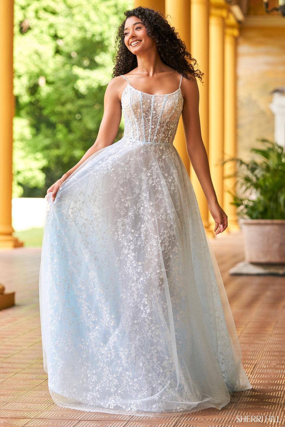 Sherri Hill Patterned A-line Gown With A Boned Bodice And Lace Up Back