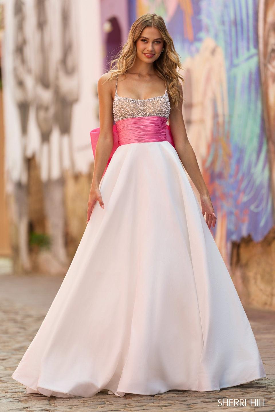 Sherri Hill Pearl Beaded Scoop Neckline With Spaghetti Straps And Taffeta Waistline Belt With Bow In The Back