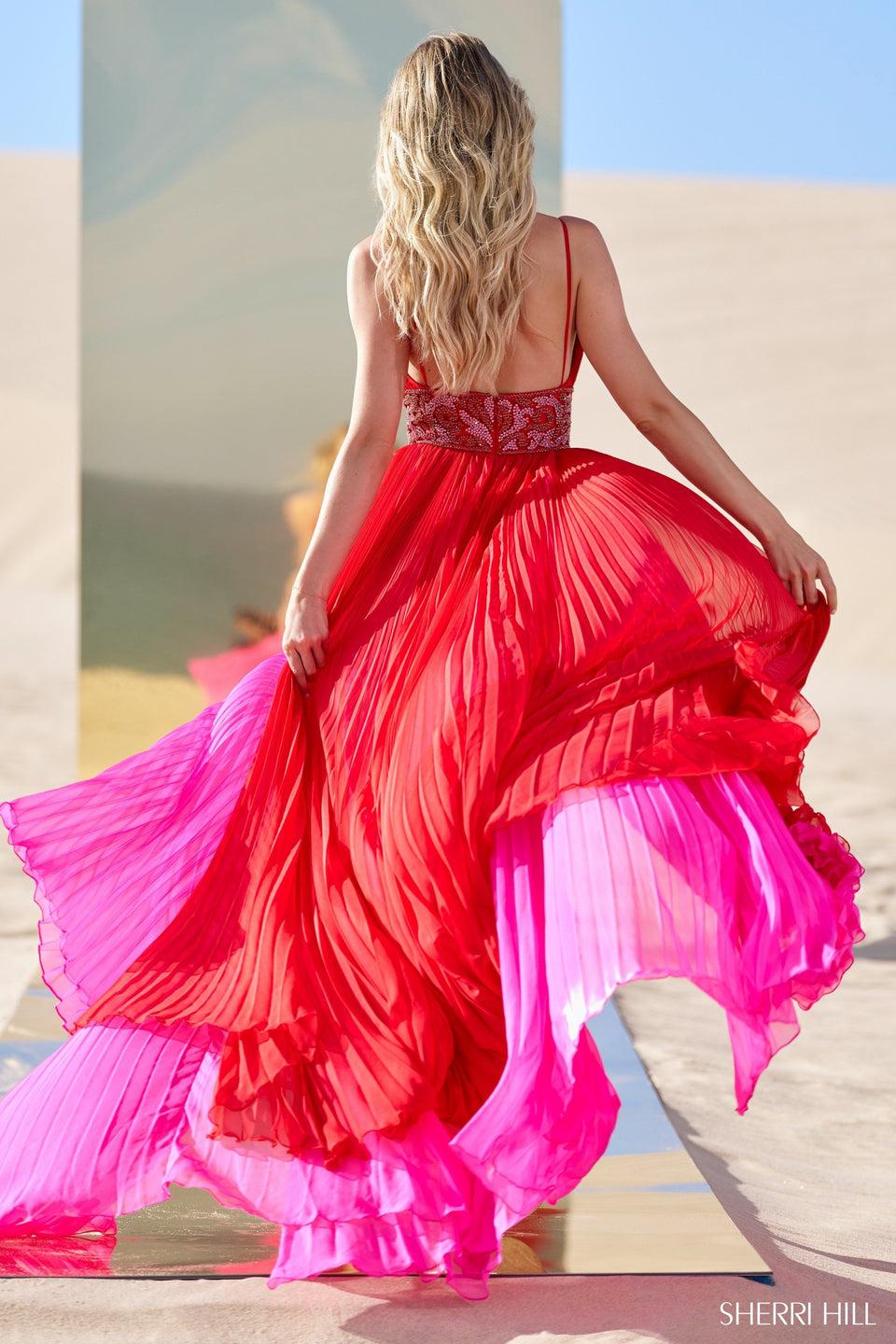 Sherri Hill Pleated Chiffon Gown With Beaded Waistband And Skirt Slit