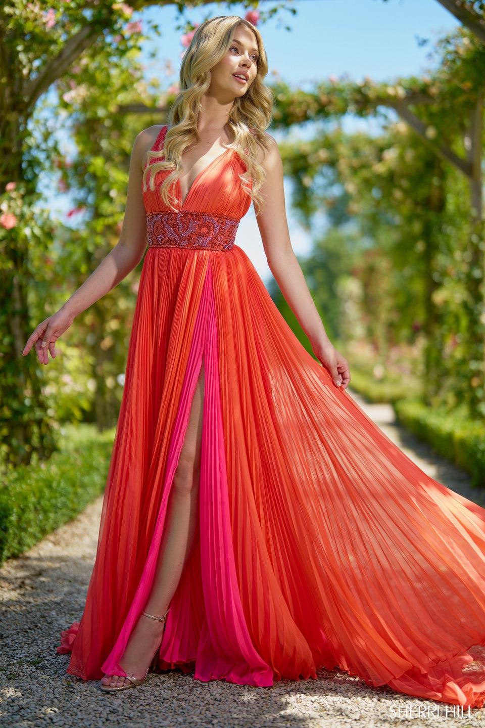 Sherri Hill Pleated Chiffon Gown With Beaded Waistband And Skirt Slit