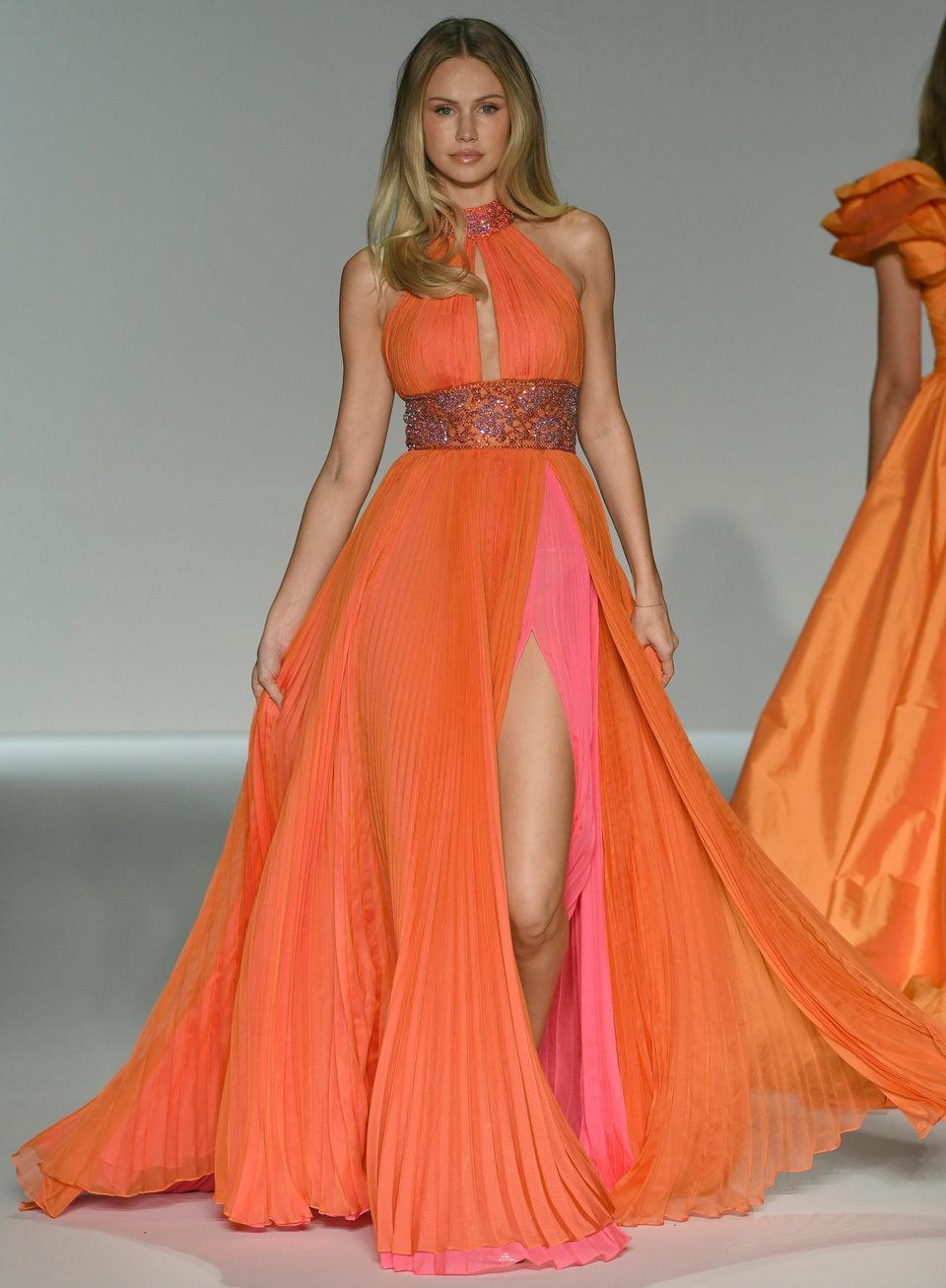 Sherri Hill Pleated Chiffon Gown With High Neckline Rhinestone Waistband And High Slit