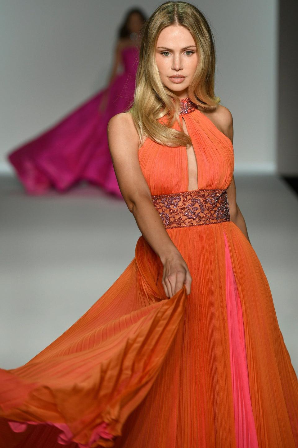 sherri hill Pleated chiffon gown with high neckline rhinestone waistband and high slit