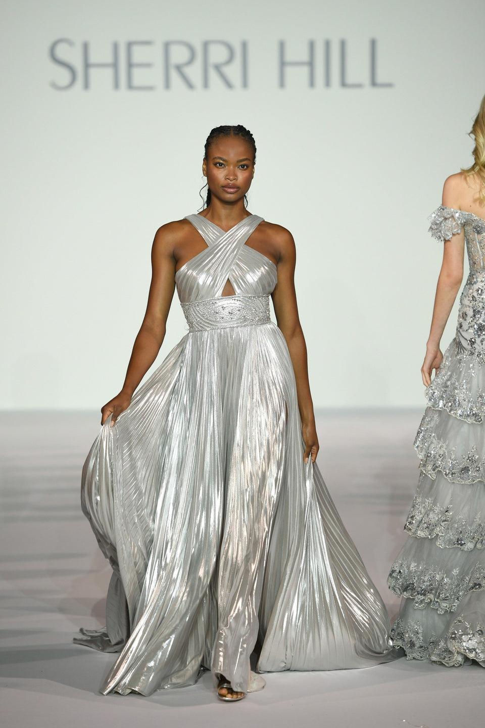 Sherri Hill Pleated Metallic Gown With Criss Cross Neckline Beaded Waist And Skirt Slit