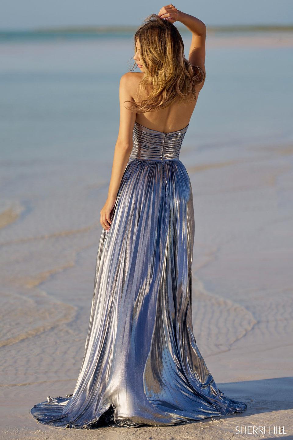 Sherri Hill Pleated Metallic Strapless Gown With Ruched Bodice And Skirt Slit