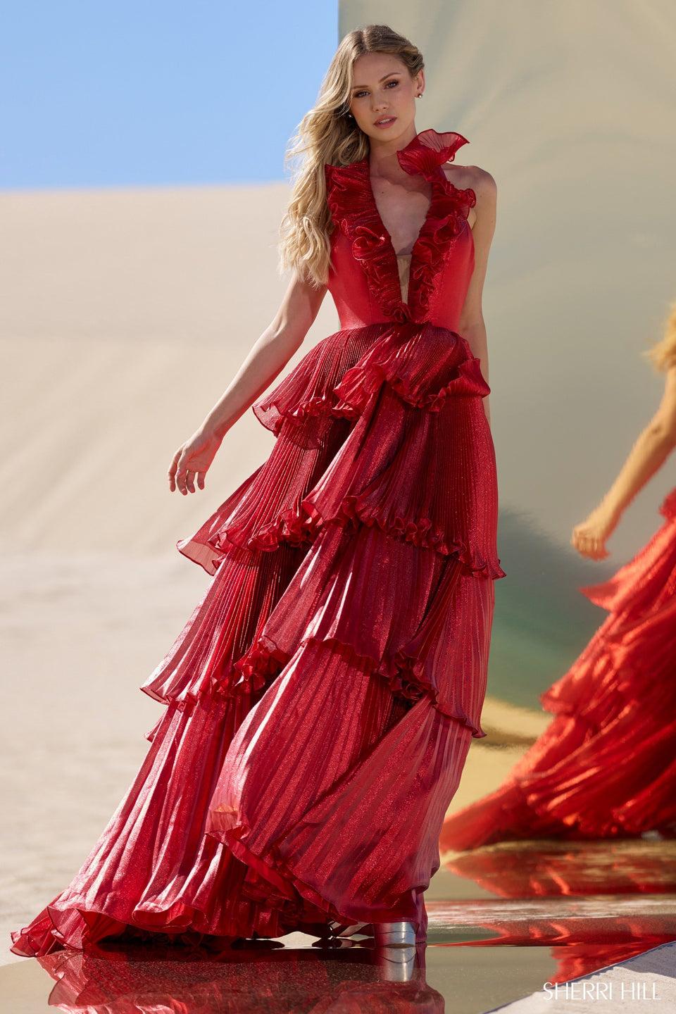 Sherri Hill Pleated Ruffle Ball Gown With Deep V Neckline And Open Back