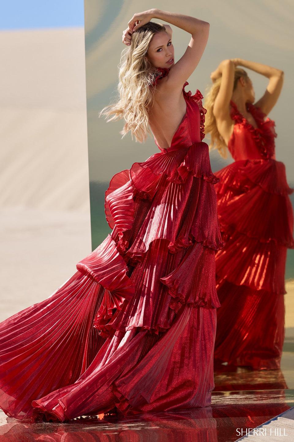 Sherri Hill Pleated Ruffle Ball Gown With Deep V Neckline And Open Back