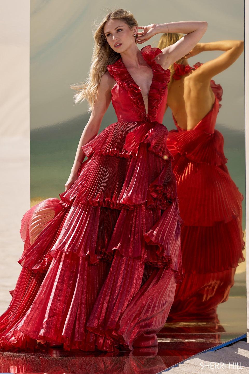 sherri hill Pleated ruffle ball gown with deep V neckline and open back