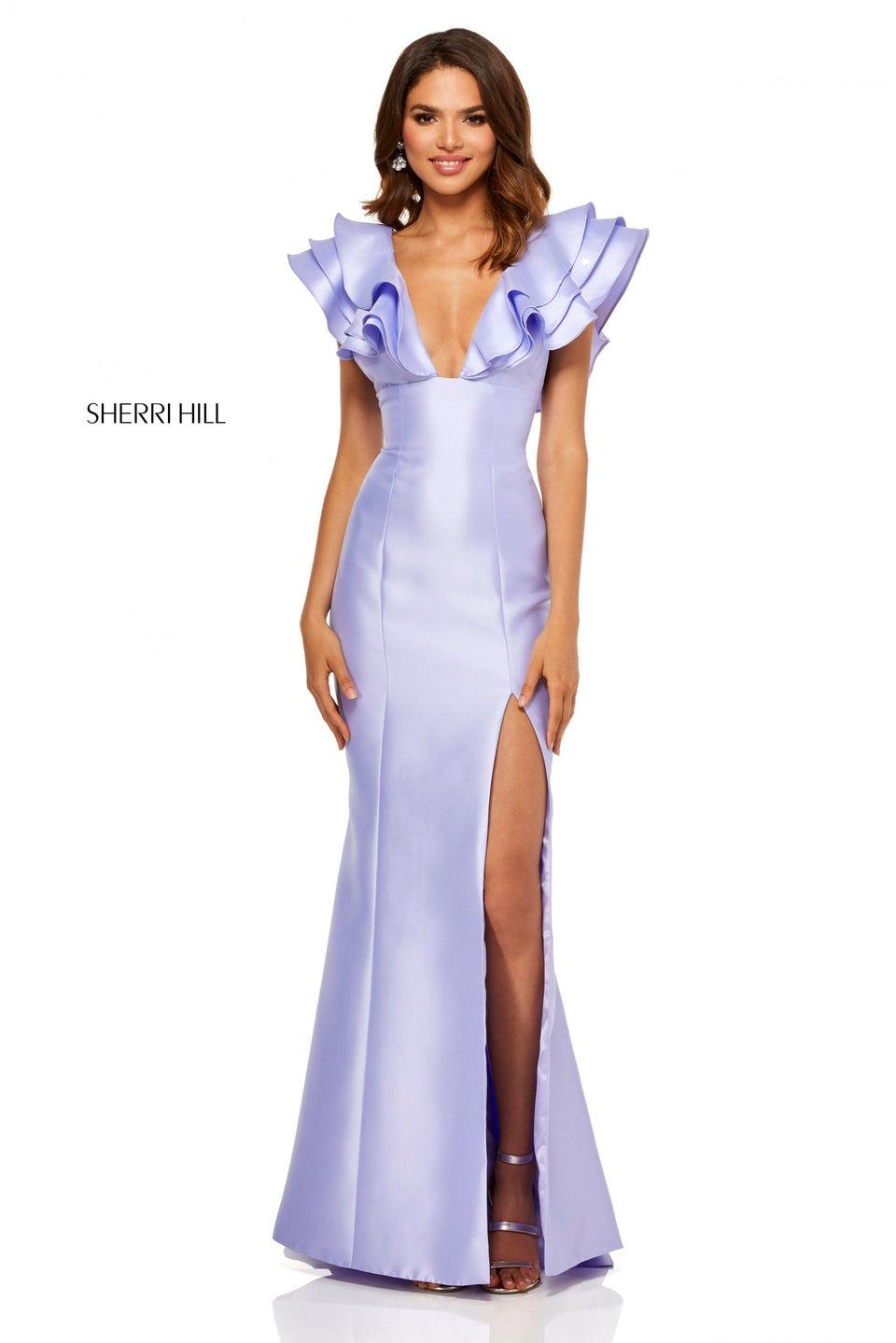Sherri Hill Plunging Neckline Mikado Dress With Side Slit And Ruffle Sleeves