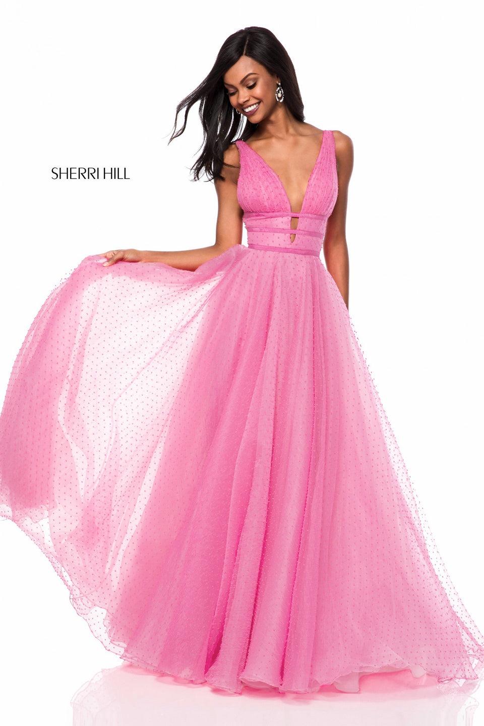 Sherri Hill Polka Dot Tulle A-line Gown With V Neck Bodice