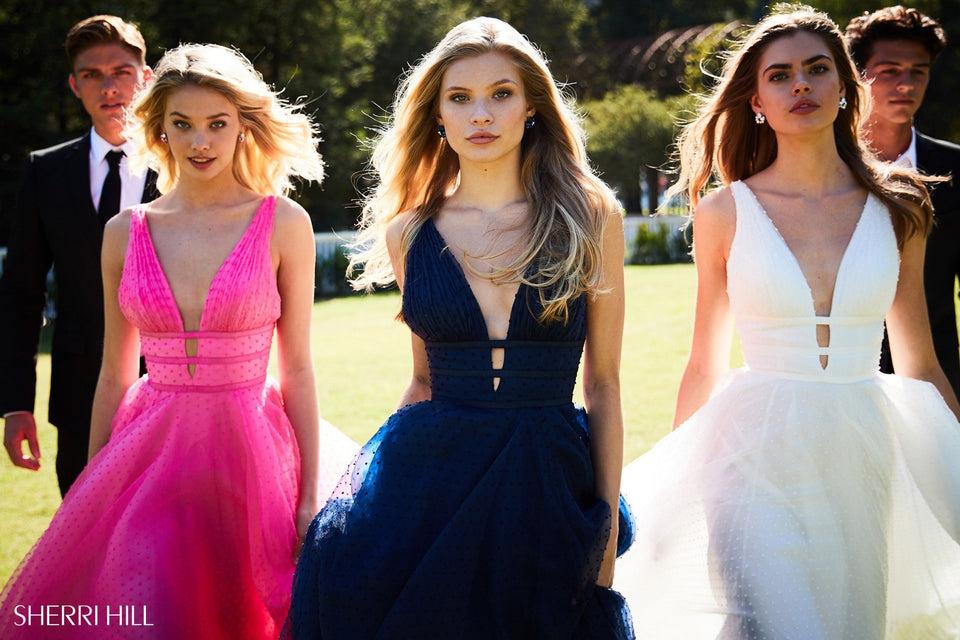 Sherri Hill Polka Dot Tulle A-line Gown With V Neck Bodice