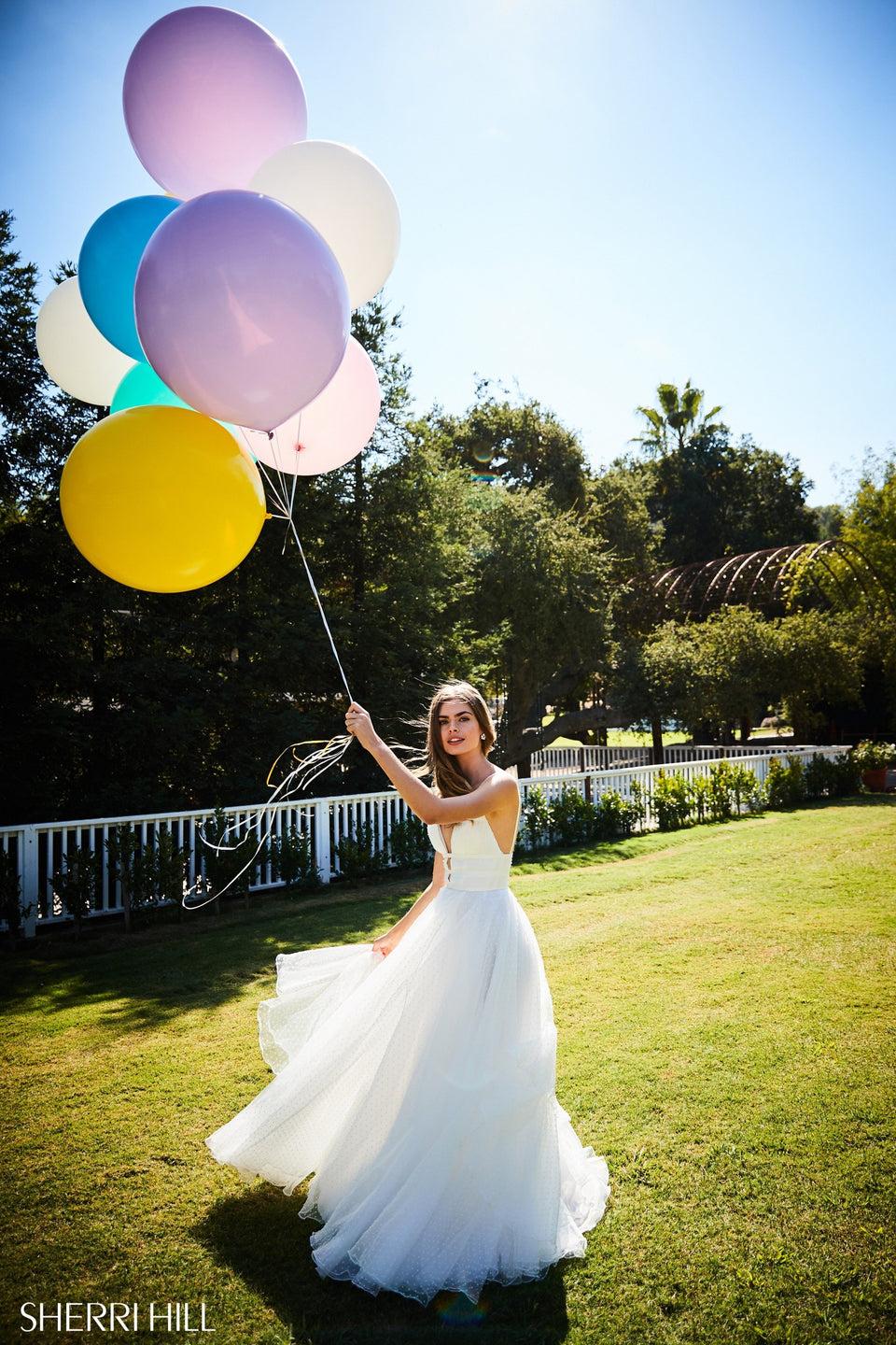 sherri hill Polka dot tulle A-line gown with V neck bodice