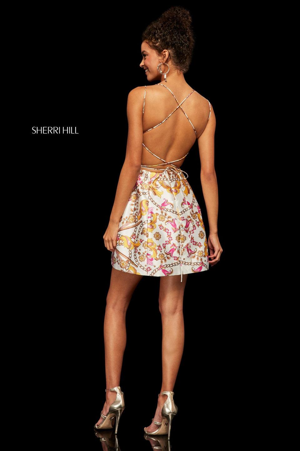 Sherri Hill Printed Mikado Cocktail Dress With Flared Skirt And Open Lace Up Back
