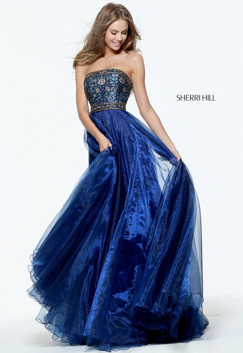 Sherri Hill Printed Strapless Beaded Bodice With A-line Organza Skirt