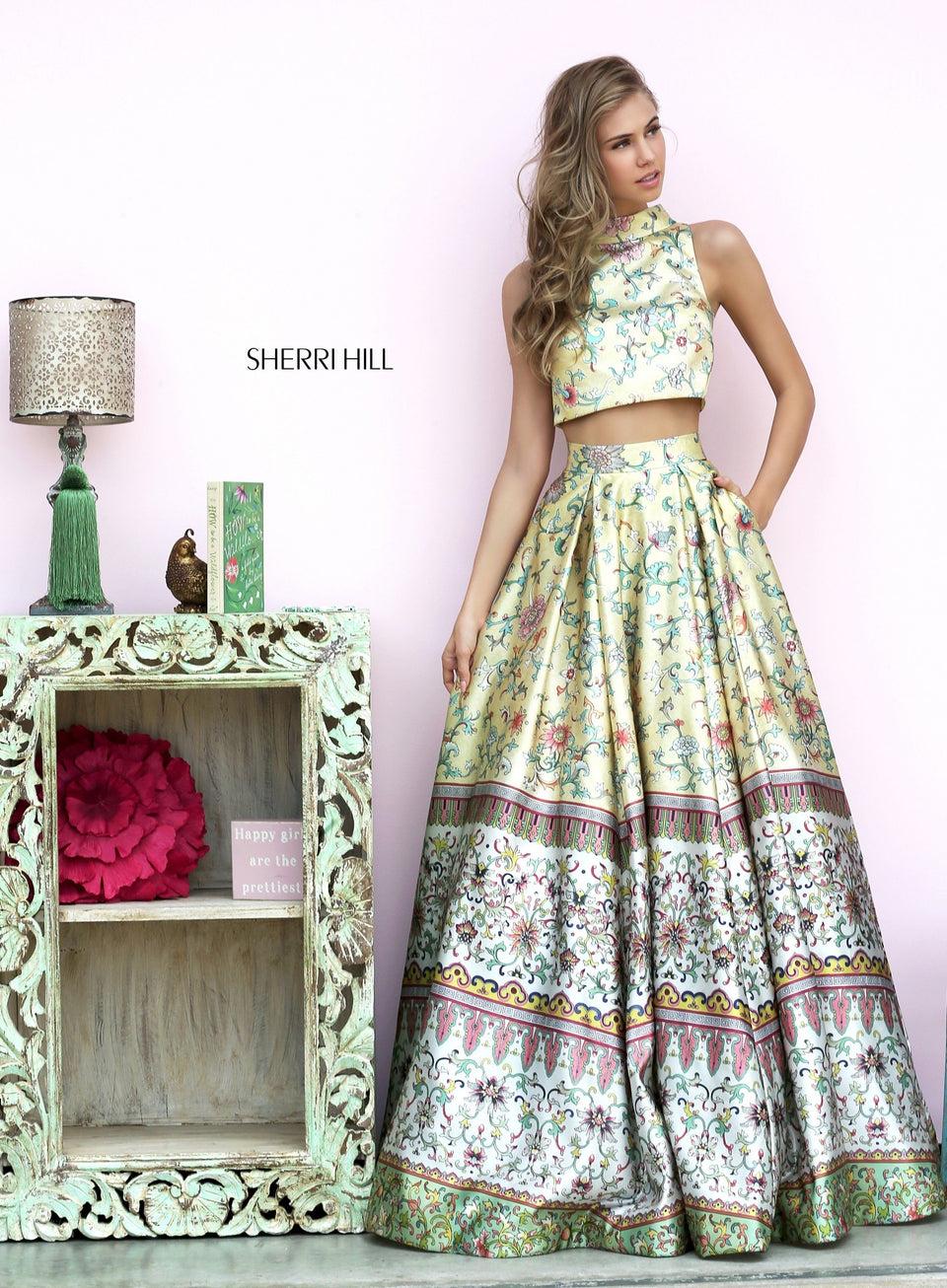 Sherri Hill Printed Two-piece Ball Gown With Turtle Neck Bodice