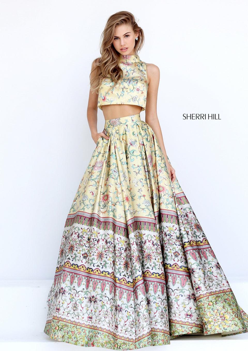 Sherri Hill Printed Two-piece Ball Gown With Turtle Neck Bodice